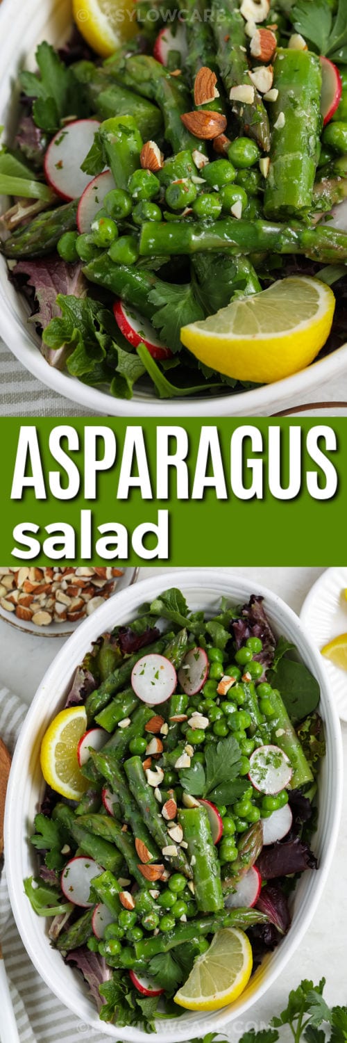 Asparagus Salad in a plate and close up photo with a title