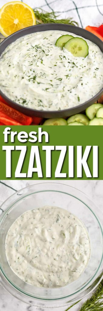 Homemade Tzatziki in a bowl and plated with veggies and a title