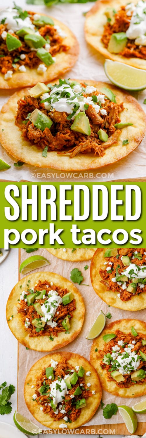 easy Shredded Pork Tacos on parchment paper and close up with a title