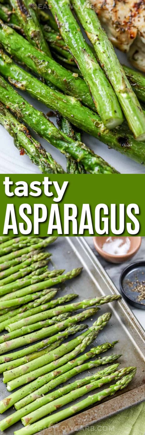 Simple Asparagus Recipe on a sheet pan and plated with a title