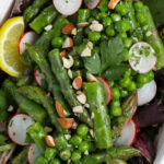 plated Asparagus Salad with lemon slices and a title