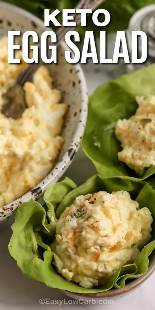 keto egg salad in lettuce wraps with text