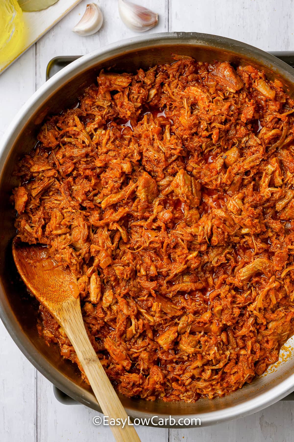 Shredded Pork Tacos filling cooked in a pan