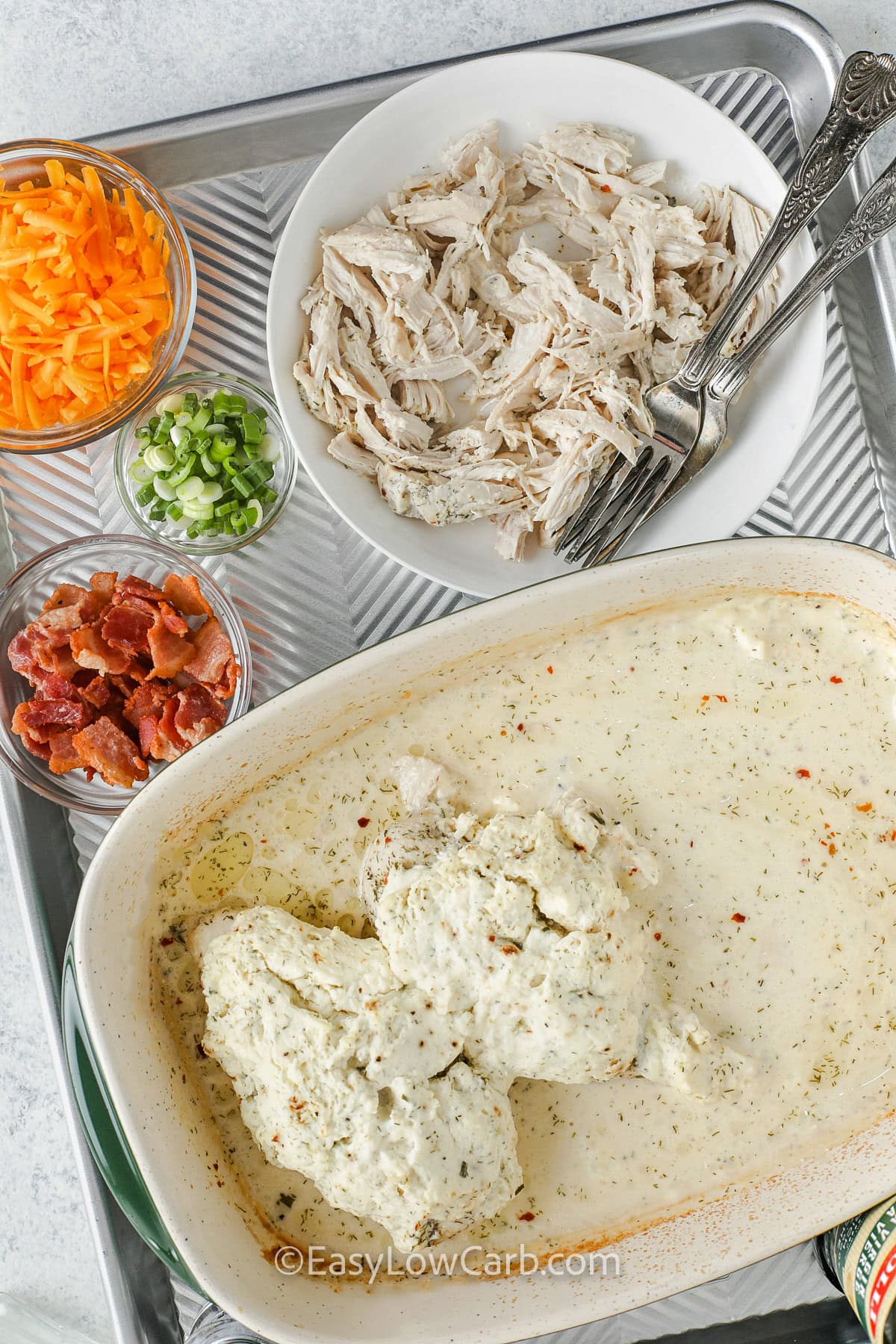 ingredients for crack chicken casserole on a tray