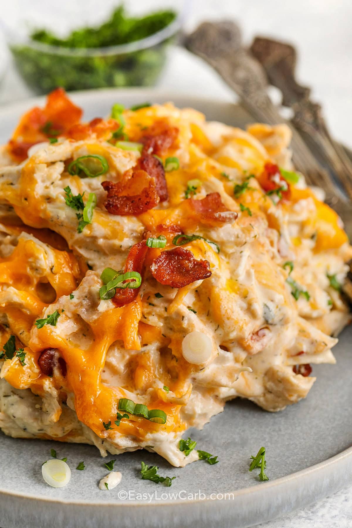 Crack chicken casserole makes a satisfying dinner with tender shredded chicken, creamy cheese, crispy bacon, and plenty of melted cheddar. The ranch-style seasoning gives the dish a savory flavor, while red pepper flakes add a mild kick. It is a delicious low-carb option that can be served with vegetables or cauliflower rice for a complete meal. Bring this easy casserole to your dinner table and give it a try. #easylowcarb cropped crack chicken casserole