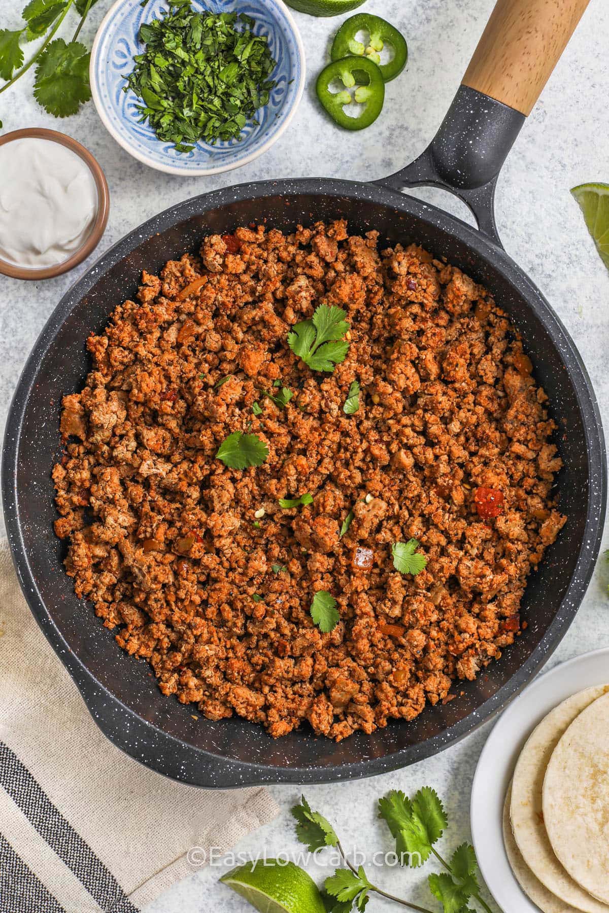 cooked turkey in pan to make Ground Turkey Tacos