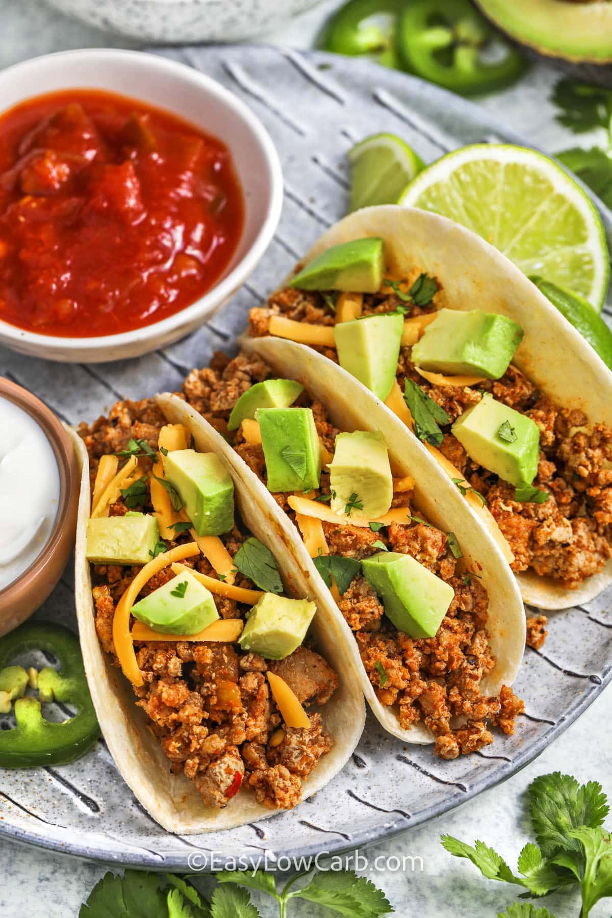 These ground turkey tacos are the best easy dinner when you're short on time. Brown the meat, season with a homemade spice blend, and simmer with salsa. Spoon into low carb tortillas and add your favorite toppings. It all comes together in one bowl for a fast, flavorful meal packed with nutrition and bold taste the whole family will love. So simple and so good! #easylowcarb plated Ground Turkey Tacos with salsa and sour cream