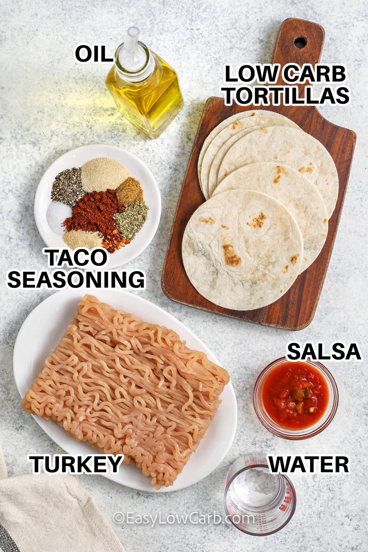 oil, low carb tortillas , taco seasoning , ground turkey , salsa , water with labels to make Ground Turkey Tacos
