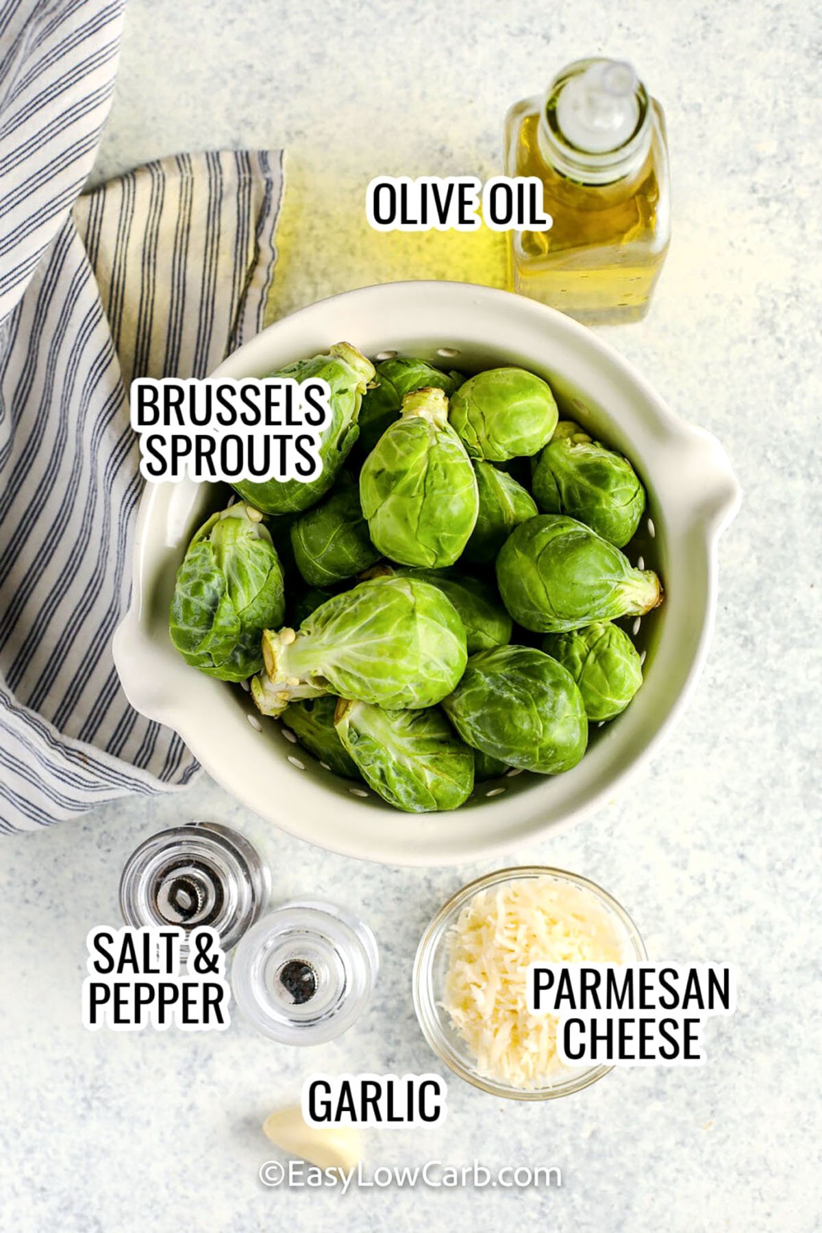 olive oil , brussels sprouts , parmesan cheese , garlic , salt and pepper with labels to make Grilled Brussels Sprouts