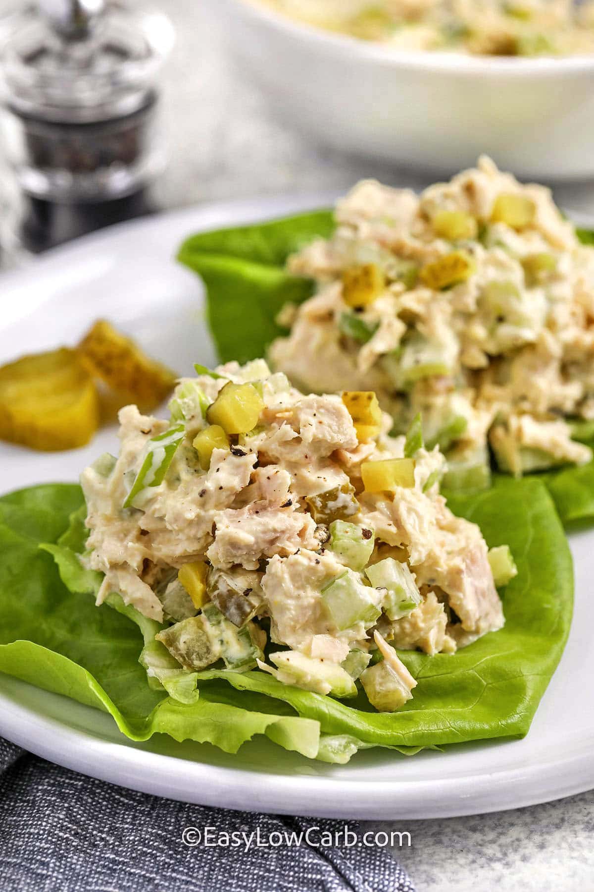 This classic keto tuna salad is a go-to recipe for easy low-carb eating. Made with flaky white tuna, crisp celery, creamy mayo, and zesty dill pickle, it’s packed with flavor in every bite. Perfect for a quick lunch, meal prep, or snack, and ready in just minutes. Serve it over greens, in a lettuce wrap, or with keto-friendly crackers. Simple ingredients, bold taste. #easylowcarb Keto Tuna Salad on lettuce