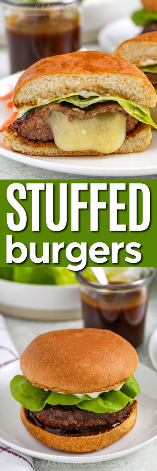 Cheese Stuffed Burgers on a plate and one cut in half with a title