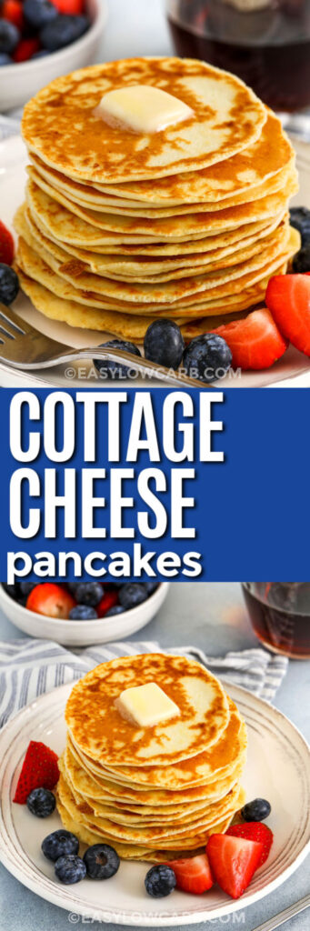 plated Cottage Cheese Pancakes Recipe and close up photo with writing