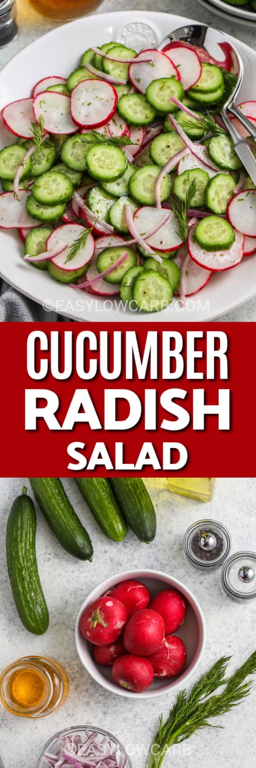 cucumber radish salad and ingredients with text