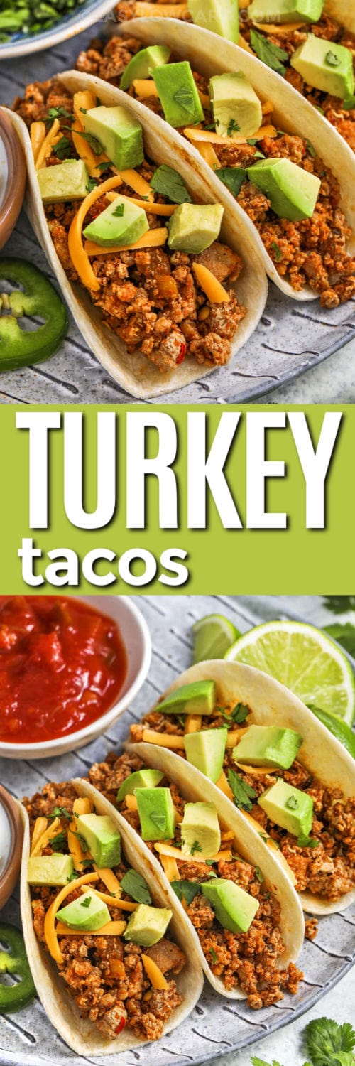 plated Ground Turkey Tacos and close up photo with a title