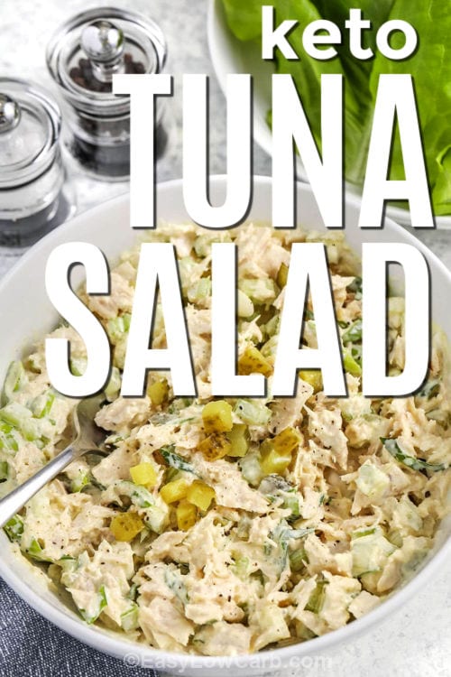 bowl of Keto Tuna Salad with a title