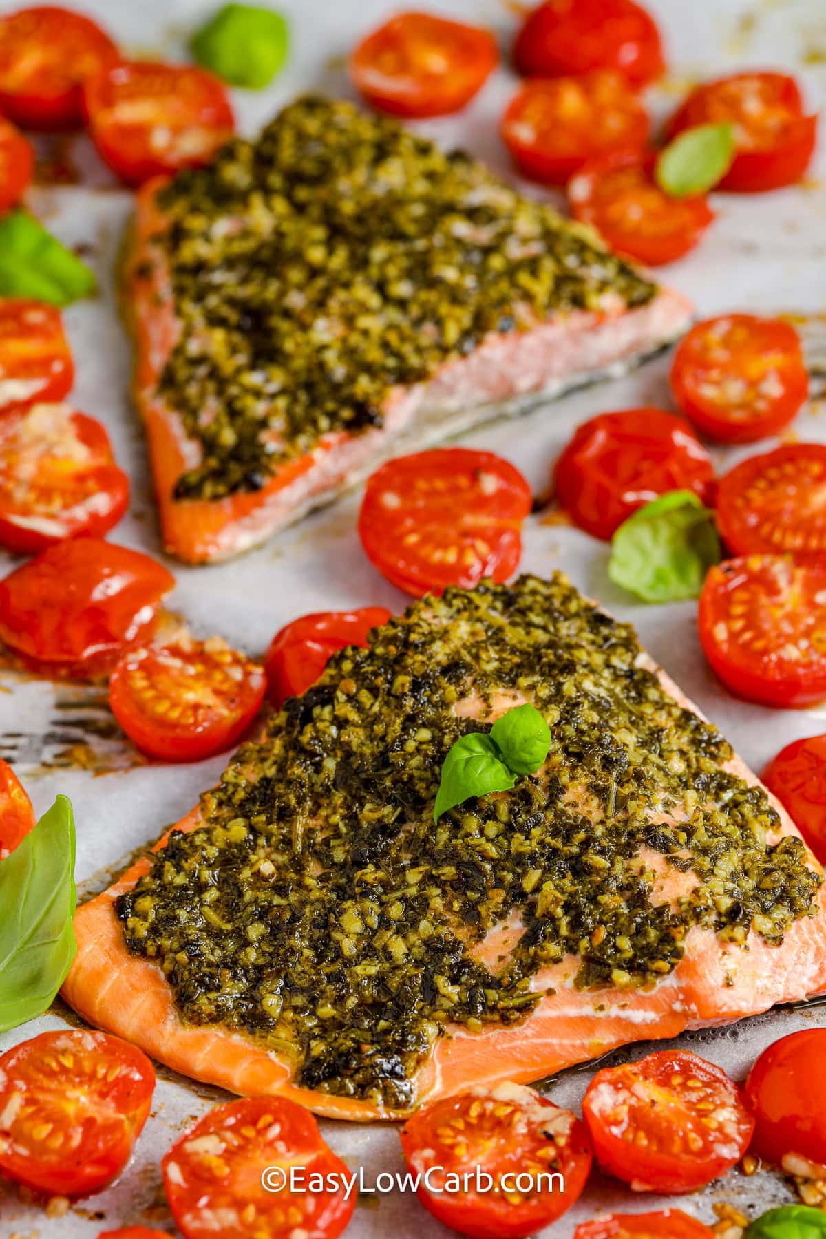 Pesto Salmon Recipe on a sheet pan
