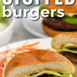 plated Cheese Stuffed Burgers with writing
