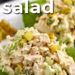 close up of Keto Tuna Salad on lettuce and a title