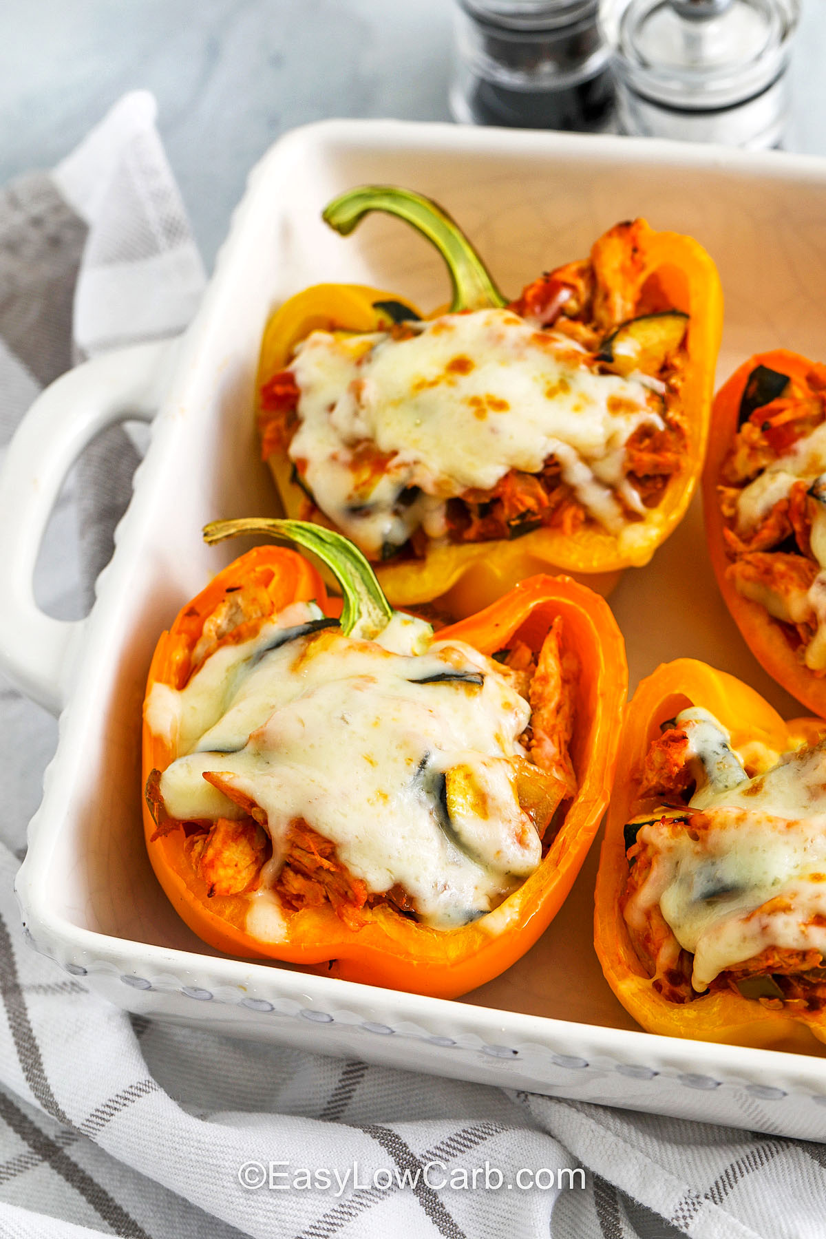 cheesy Chicken Stuffed Peppers in the casserole dish