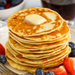 close up of plated Cottage Cheese Pancakes Recipe