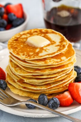 close up of plated Cottage Cheese Pancakes Recipe