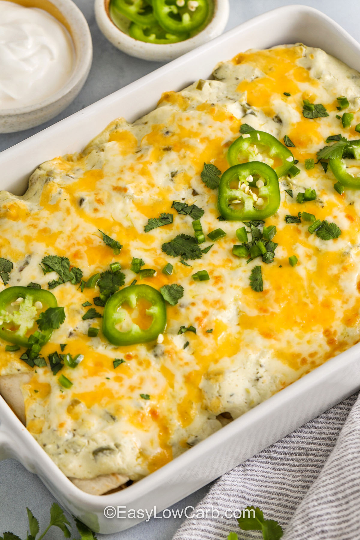 cheesy Creamy Chicken Enchiladas in a dish
