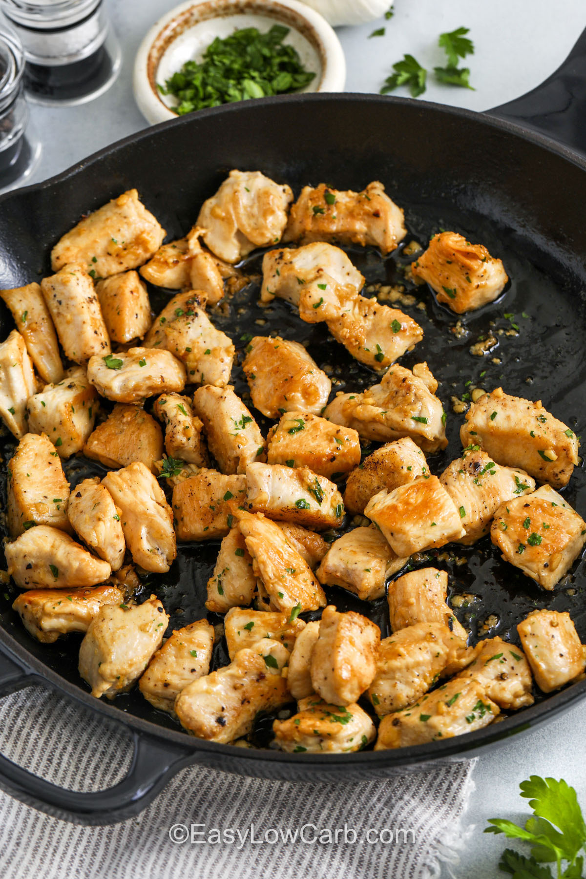 Garlic Butter Chicken Bites cooking in the pan