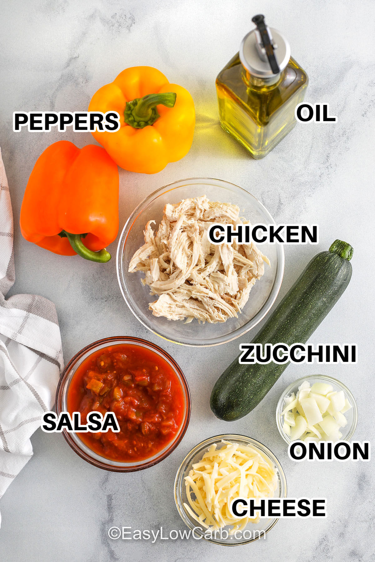 peppers , oil , chicken , zucchini , onion , cheese and salsa with labels to make Chicken Stuffed Peppers
