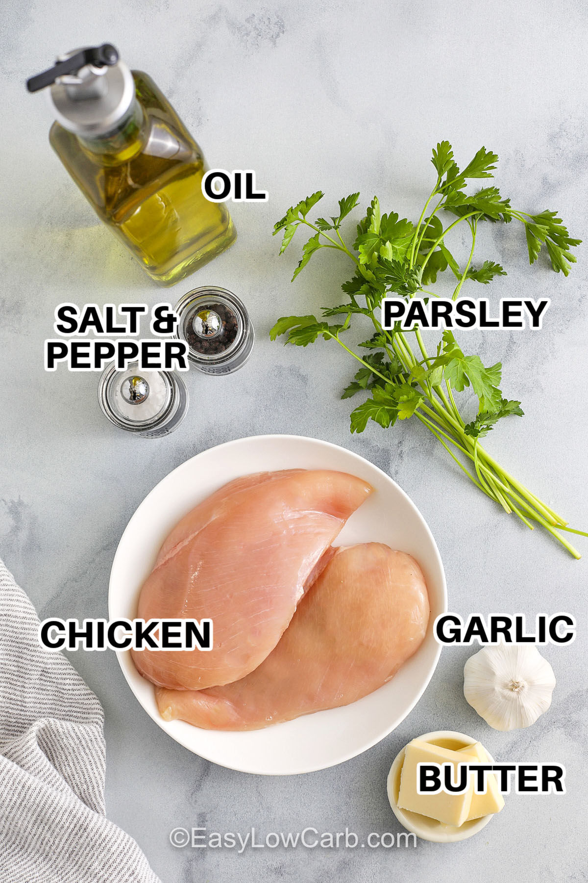 chicken , oil , parsley , garlic , butter , salt and pepper with labels to make Garlic Butter Chicken Bites