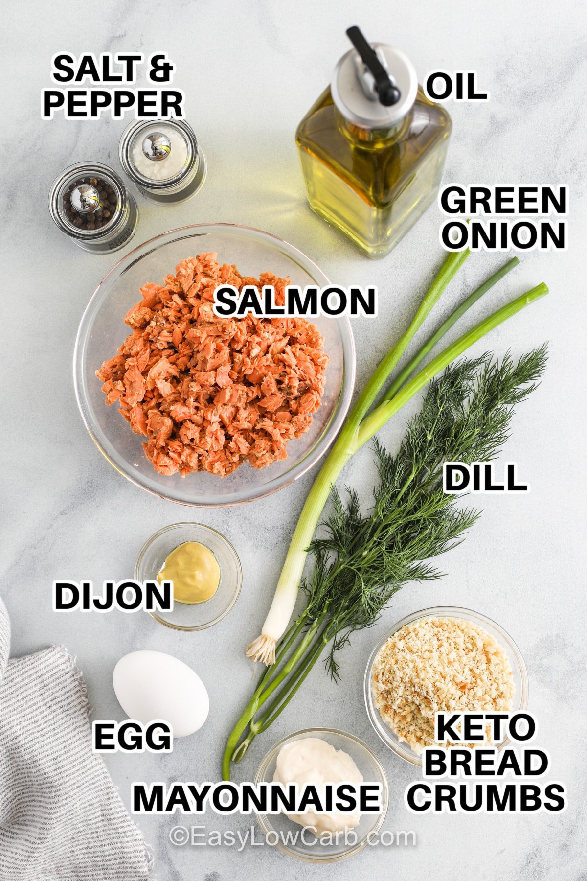 salmon , dijon , egg , mayonnaise , keto bread crumbs , dill , green onion , oil, salt & pepper, with labels to make Keto Salmon Patties