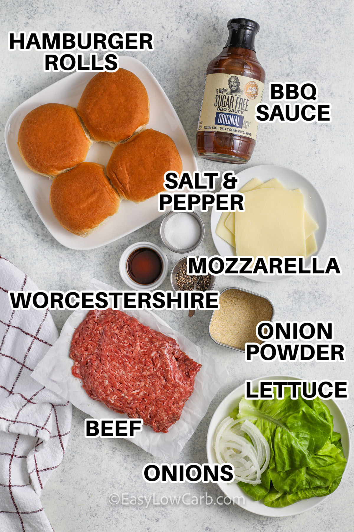 hamburger rolls, bbq sauce, cheese, onion powder, toppings, beef, Worcestershire, salt and pepper with labels to make Cheese Stuffed Burgers