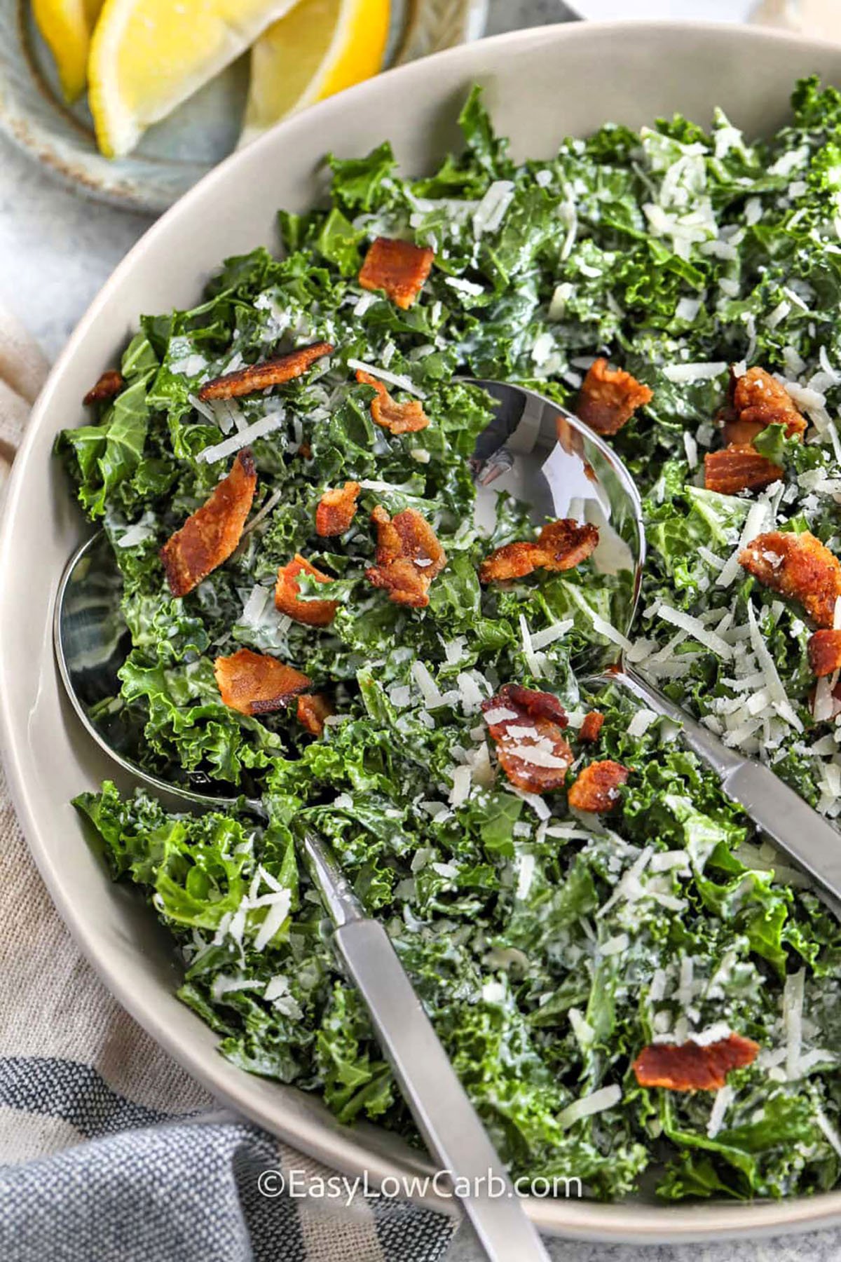 close up of Kale Caesar Salad in a bowl