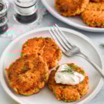 plated Keto Salmon Patties with a fork