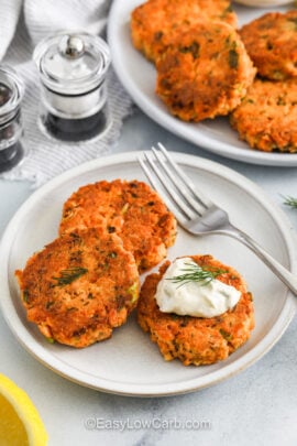 plated Keto Salmon Patties with a fork