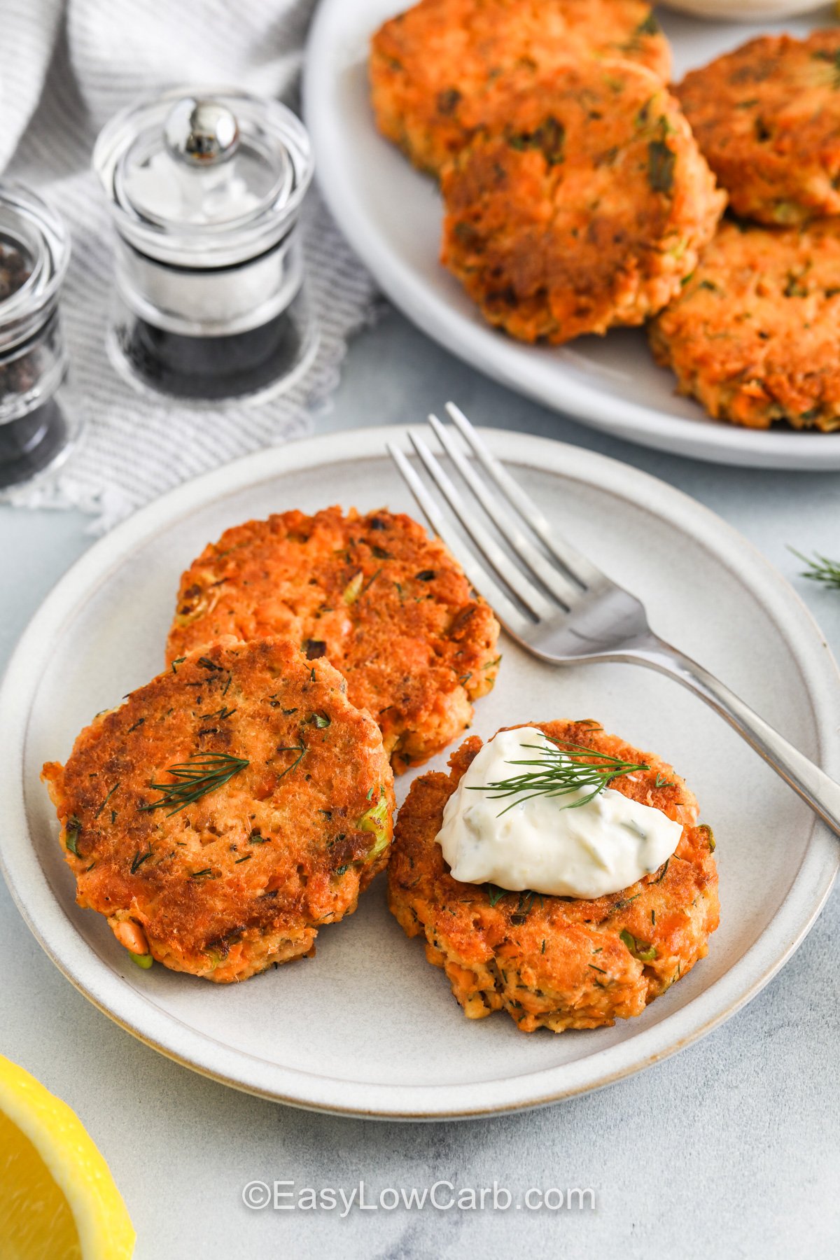 plated Keto Salmon Patties with a fork