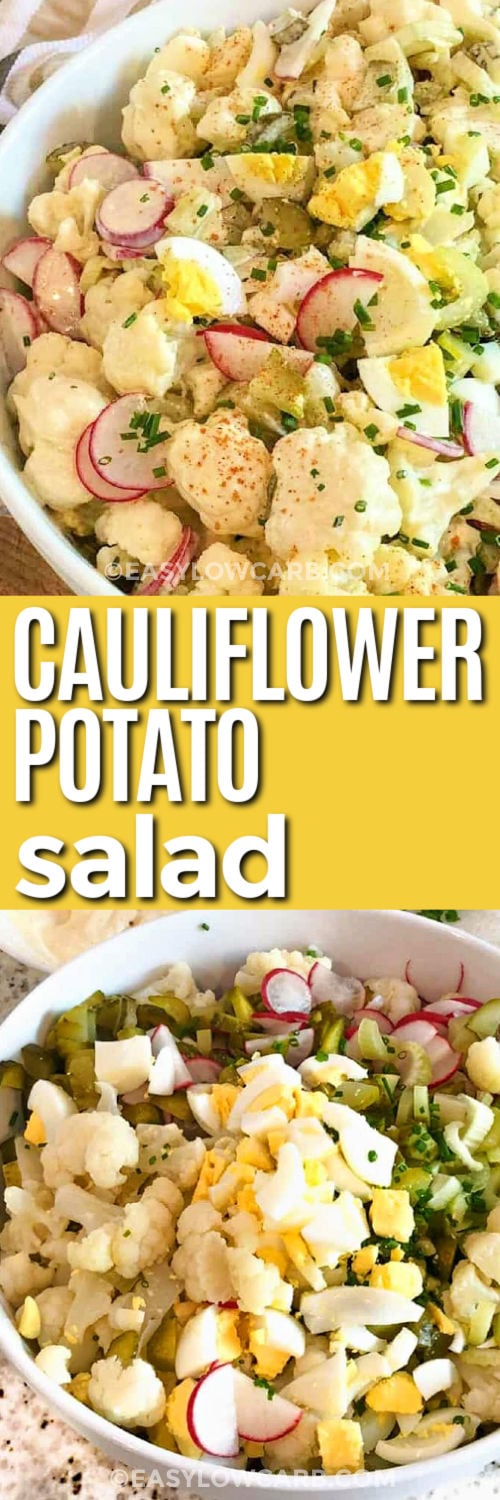 Cauliflower Potato Salad in a bowl and close up photo with a title