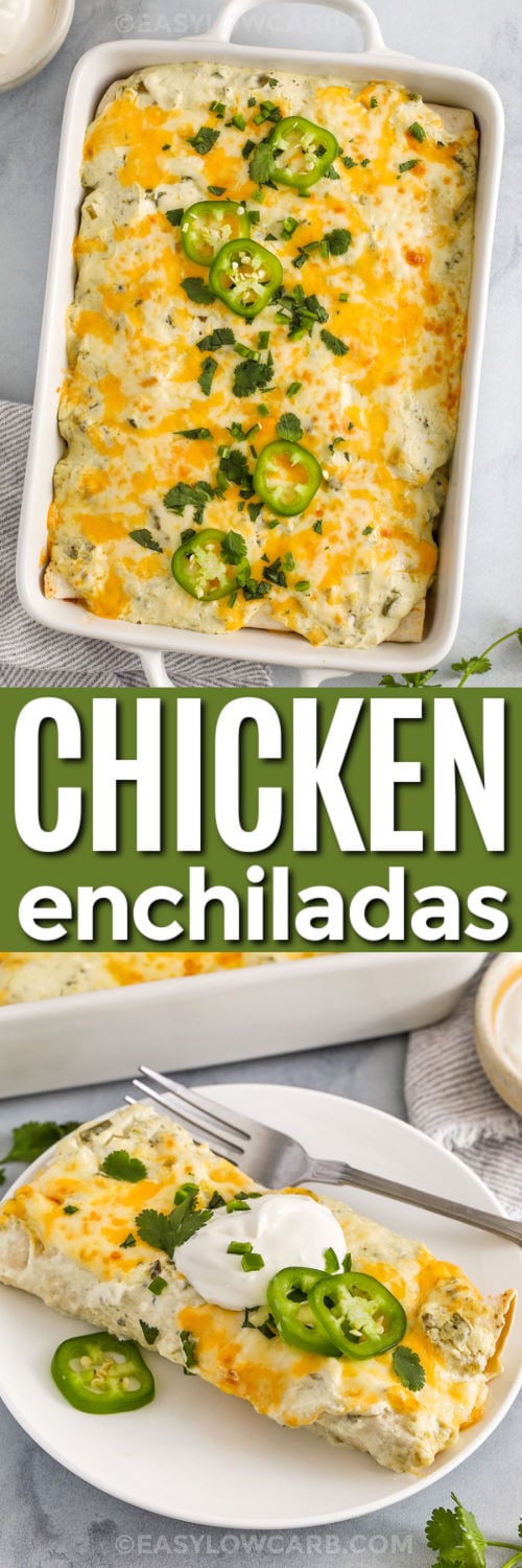 Creamy Chicken Enchiladas in a dish and plated with a title