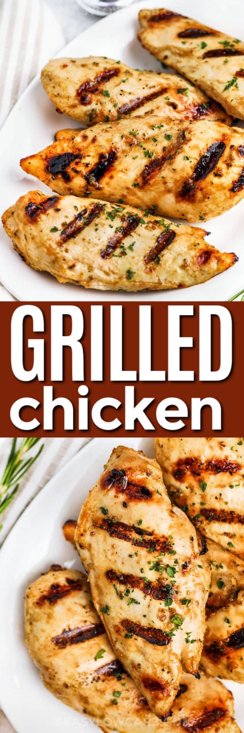 Grilled Chicken Breasts on a plate and close up photo with a title