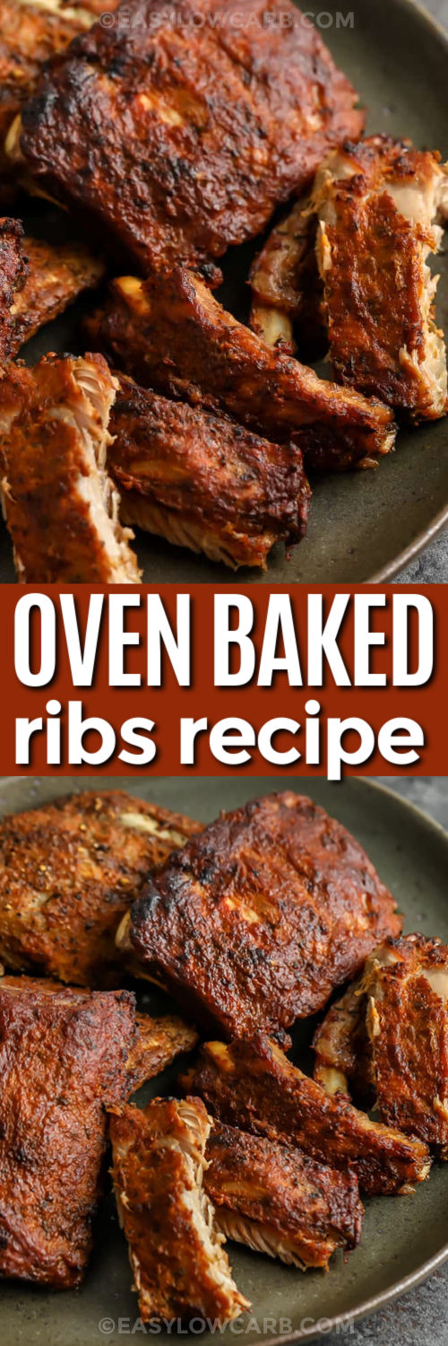 Oven Baked Ribs Recipe on a plate and close up with a title