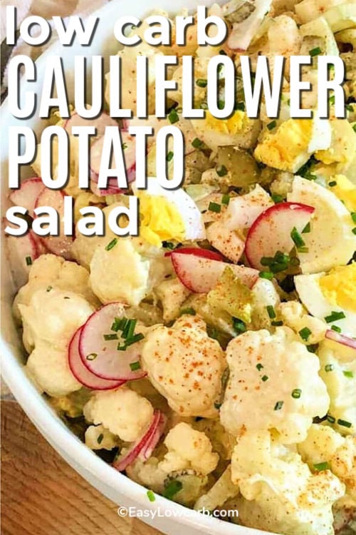 low carb Cauliflower Potato Salad in a bowl with writing