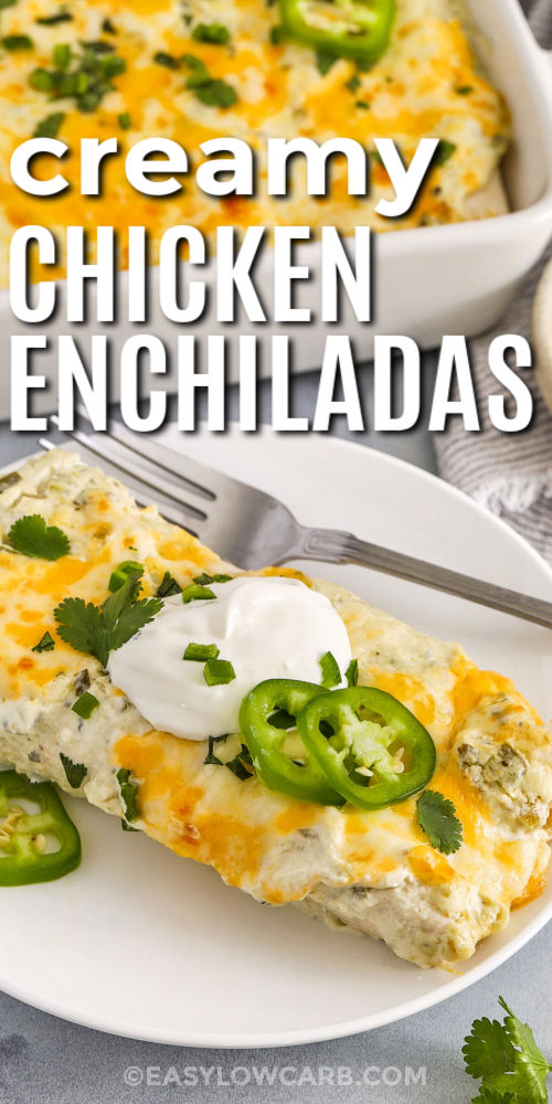 close up of plated Creamy Chicken Enchiladas with sour cream and jalapeno on top and a title
