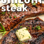 close up of Grilled Sirloin Steak with a title