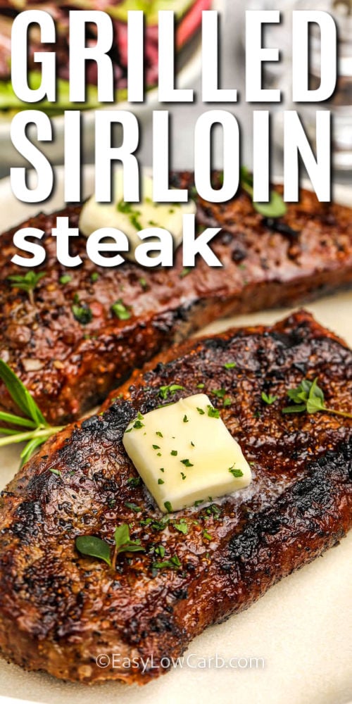 close up of Grilled Sirloin Steak with a title