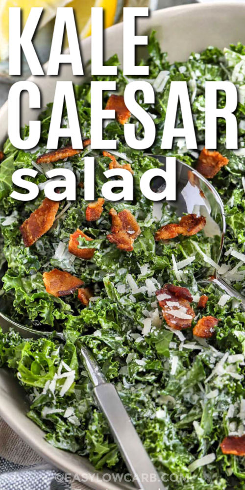 close up of Kale Caesar Salad and crispy bacon with a title