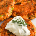 Keto Salmon Patties with dip and a title