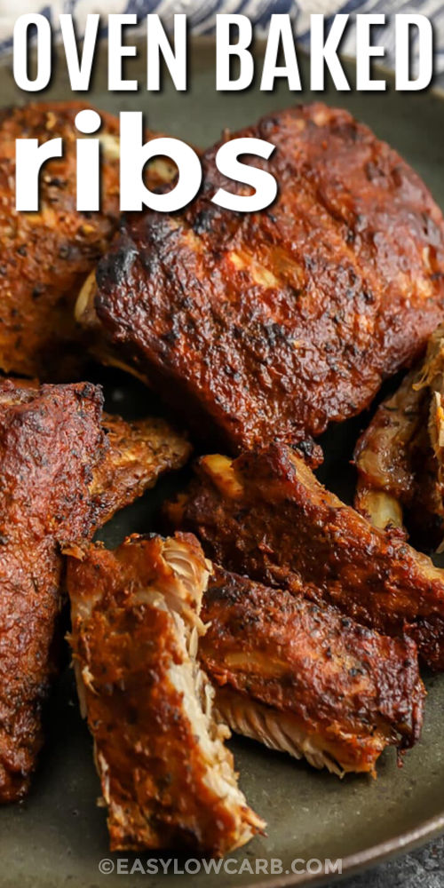 close up of Oven Baked Ribs Recipe with a title