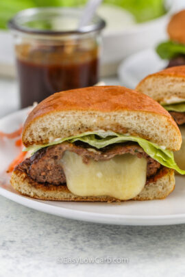 close up of Cheese Stuffed Burgers cut in half