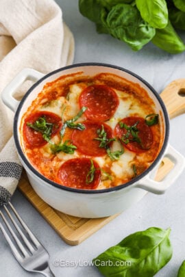 melty Cottage Cheese Pizza in a dish