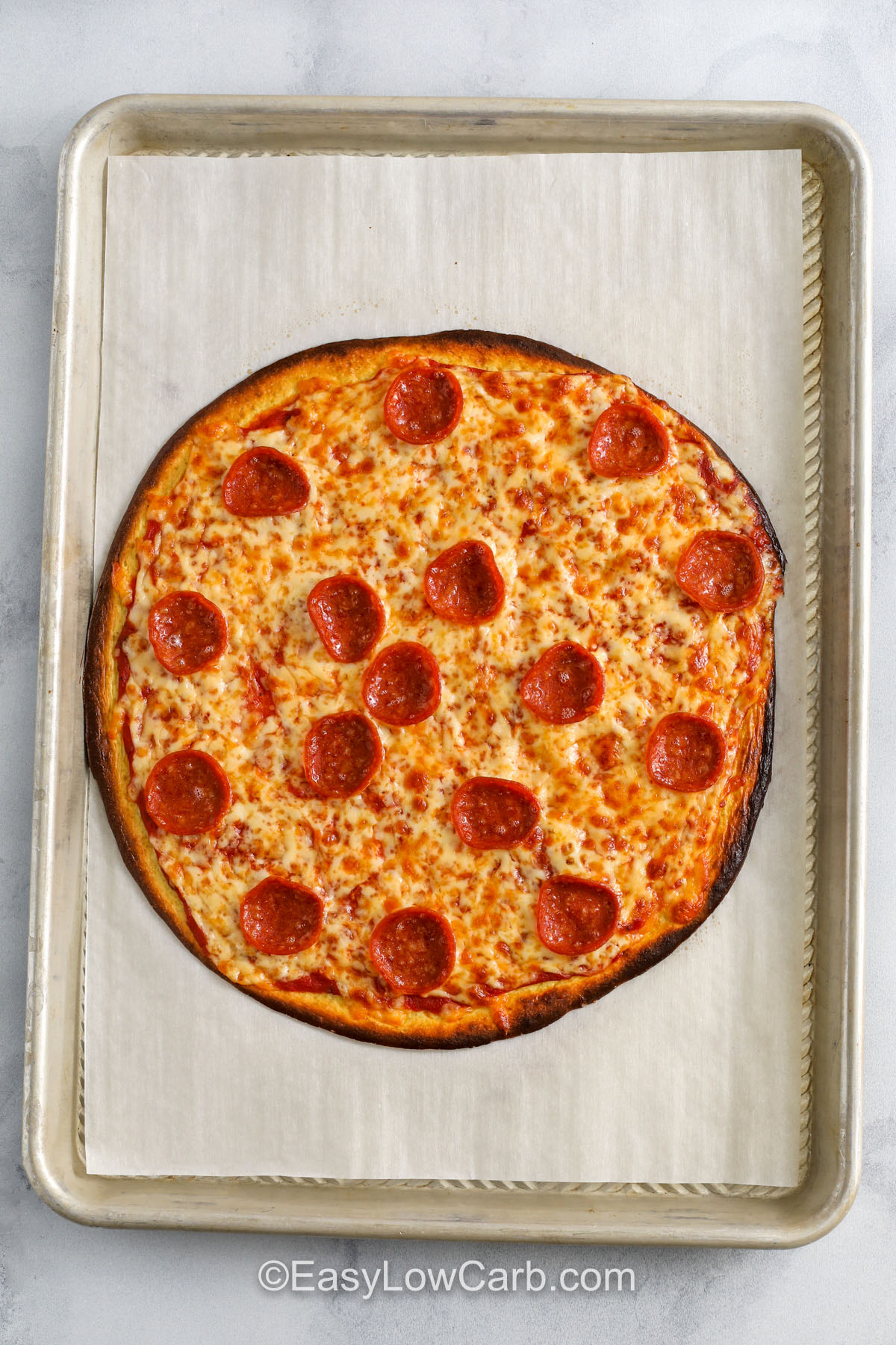 cheesy Cottage Cheese Pizza baked on a sheet pan