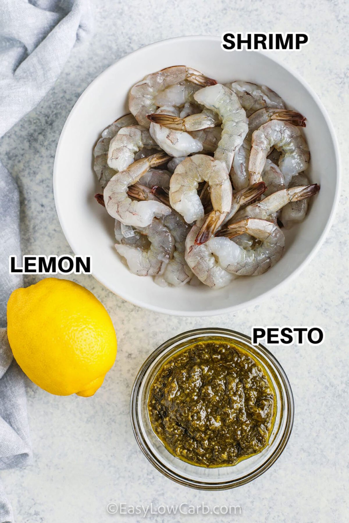 shrimp , lemon and pesto with labels to make Grilled Shrimp Kabobs Recipe